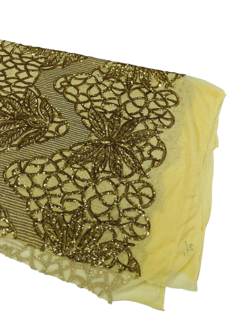 Elegant Floral Leaf Design - Gold - 4 Way Stretch Sequins Lace Spandex Fabric By Yard