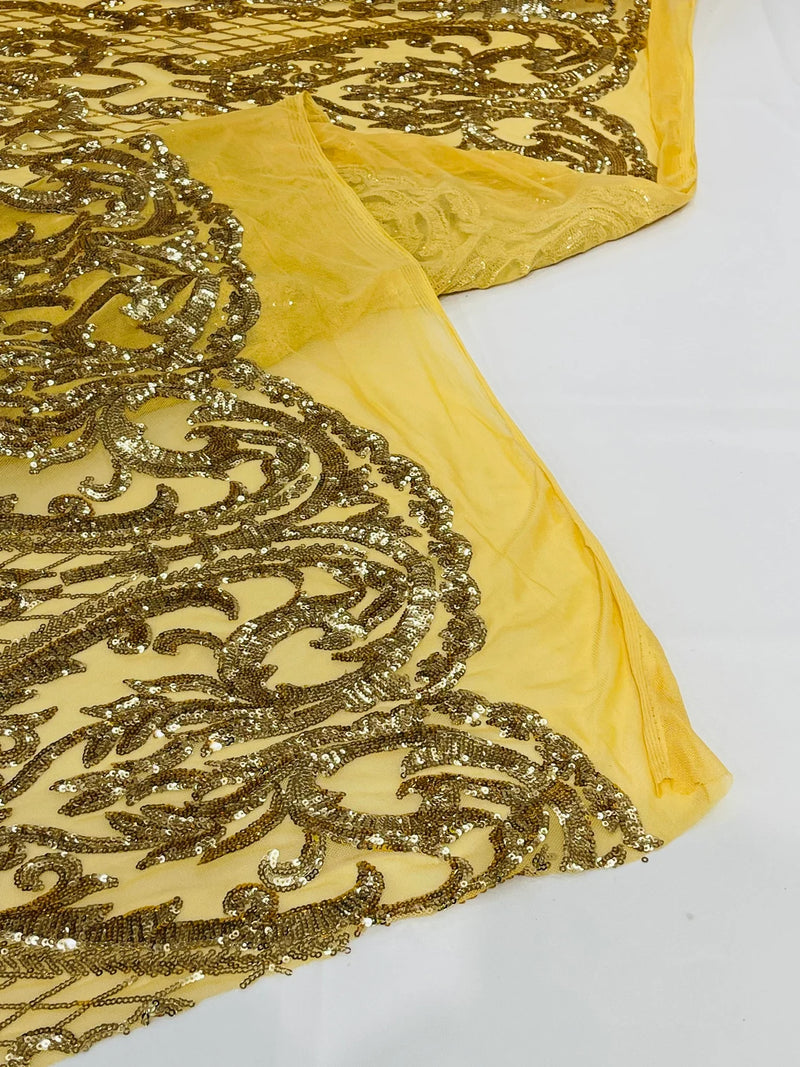 Heart Damask Sequins - Gold - 4 Way Stretch Elegant Shiny Net Sequins Fabric By Yard