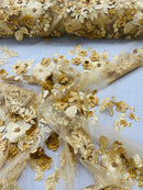 Floral 3D Rose Fabric - Gold - Embroided Rose Flower Design Fabric Sold by Yard