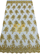 Floral Beaded Fabric - Gold - Embroidered Beaded Flowers Cluster Design on a Mesh Sold By Yard