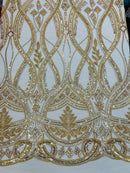 Wavy Design Fabric with Leaves - Gold - Elegant Beaded Design Embroidered on a Mesh Sold By Yard