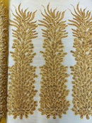3D Beaded Peacock Feathers - Gold - Vegas Design Embroidered Sequins and Beads On a Mesh Lace Fabric (Choose The Panels)