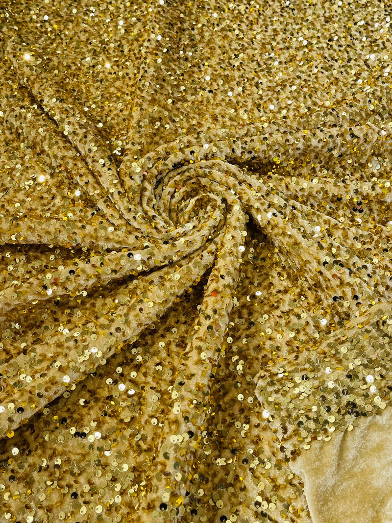 Stretch Velvet Sequins Fabric - Gold - Velvet Sequins 2 Way Stretch 58/60” By Yard