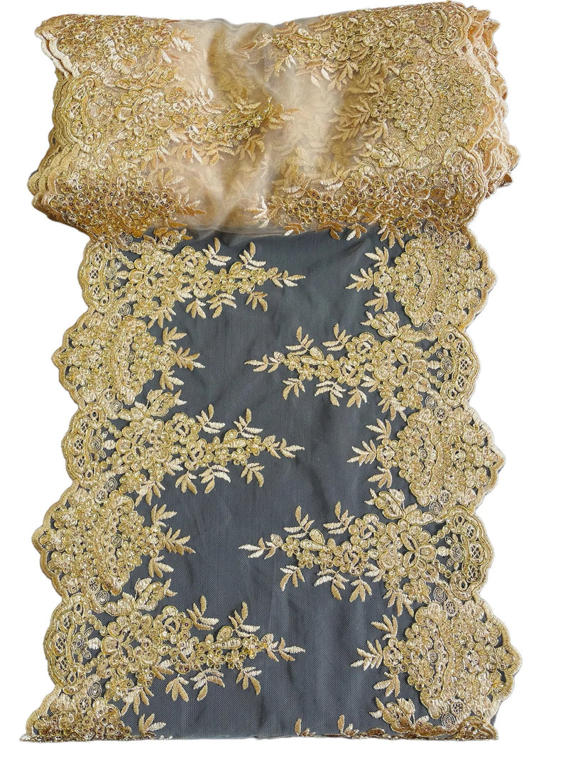 14" Metallic Flower Lace Table Runner - Gold - Floral Runner for Event Decor Sold By The Yard