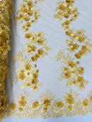 Floral 3D Rose Fabric - Gold - Embroided Rose Flower Design Fabric Sold by Yard