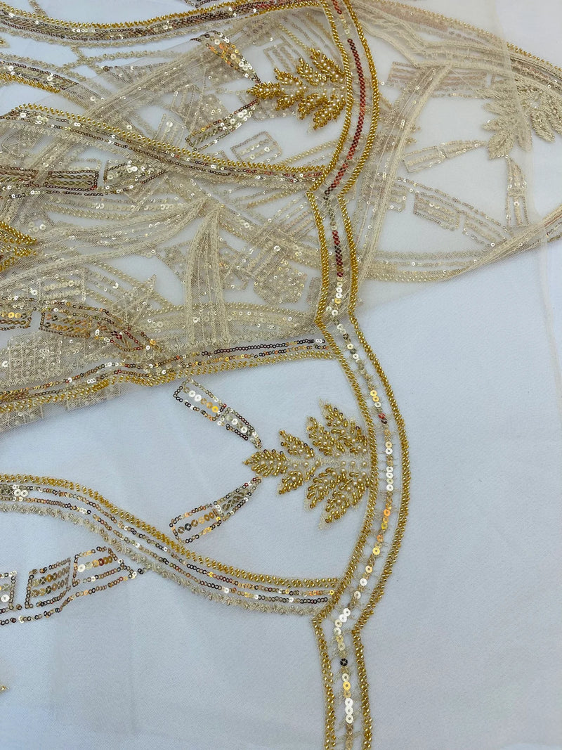 Wavy Design Fabric with Leaves - Gold - Elegant Beaded Design Embroidered on a Mesh Sold By Yard