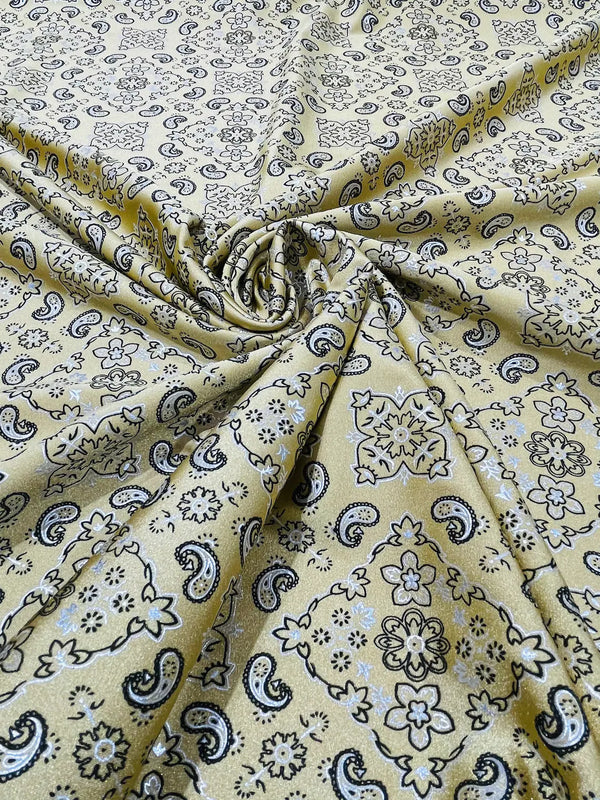 Bandana Print Fabrics - Gold - Lycra Spandex Bandana Fabric Sold By The Yard