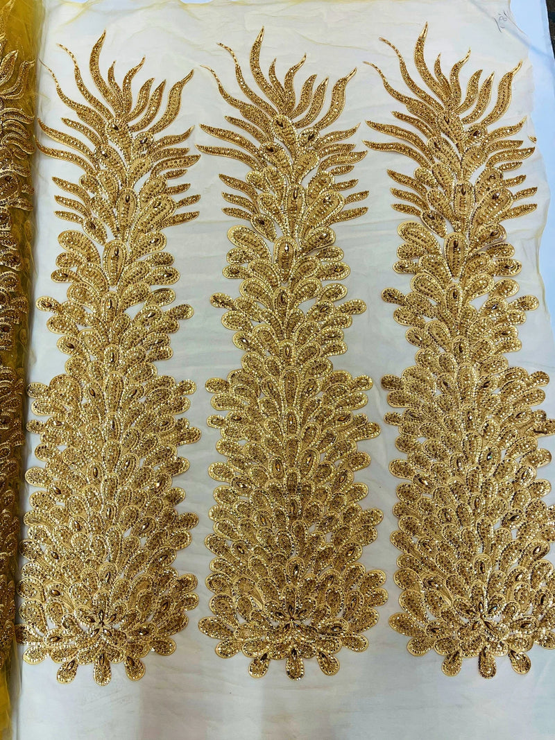 3D Beaded Peacock Feathers - Gold - Vegas Design Embroidered Sequins and Beads On a Mesh Lace Fabric (Choose The Panels)