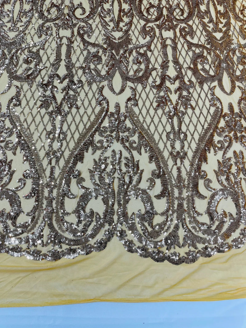 Heart Damask Sequins - Gold - 4 Way Stretch Elegant Shiny Net Sequins Fabric By Yard