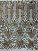 Elegant Floral Leaf Design - Gold - 4 Way Stretch Sequins Lace Spandex Fabric By Yard