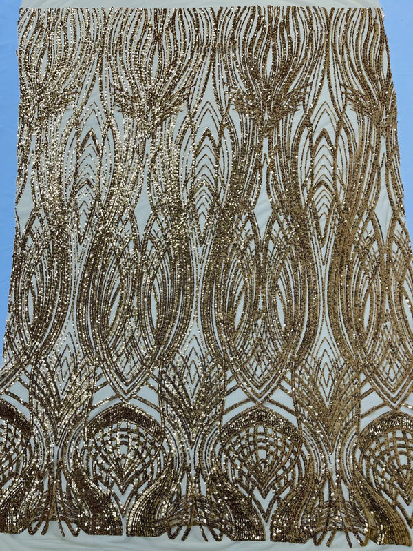 Long Wavy Pattern Sequins - Gold - 4 Way Stretch Sequins Fabric Line Design By Yard