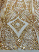 Beaded Diamond Design Fabric - Gold - Beaded Embroidered Diamond Zig Zag Design on Mesh By Yard