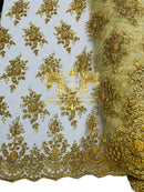 Floral Beaded Fabric - Gold - Embroidered Beaded Flowers Cluster Design on a Mesh Sold By Yard