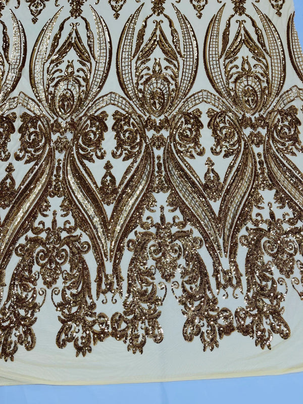 Big Damask Sequins Fabric - Gold - 4 Way Stretch Damask Sequins Design Fabric By Yard