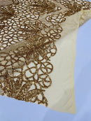 Elegant Floral Leaf Design - Gold - 4 Way Stretch Sequins Lace Spandex Fabric By Yard