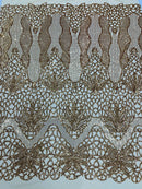 Elegant Floral Leaf Design - Gold - 4 Way Stretch Sequins Lace Spandex Fabric By Yard