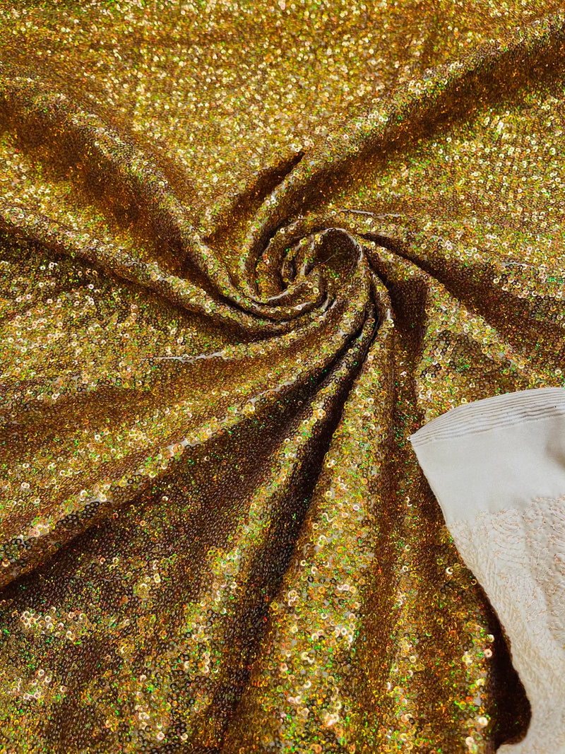 Mini Glitz Sequins Milliskin - Gold Holographic - 4 Way Stretch Milliskin Nylon Spandex Fabric Sold By Yard