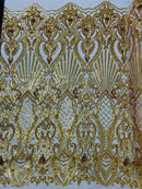 Damask Geometric Sequins - Gold Holographic - 4 Way Stretch Sequins Damask Pattern Design Sold By Yard