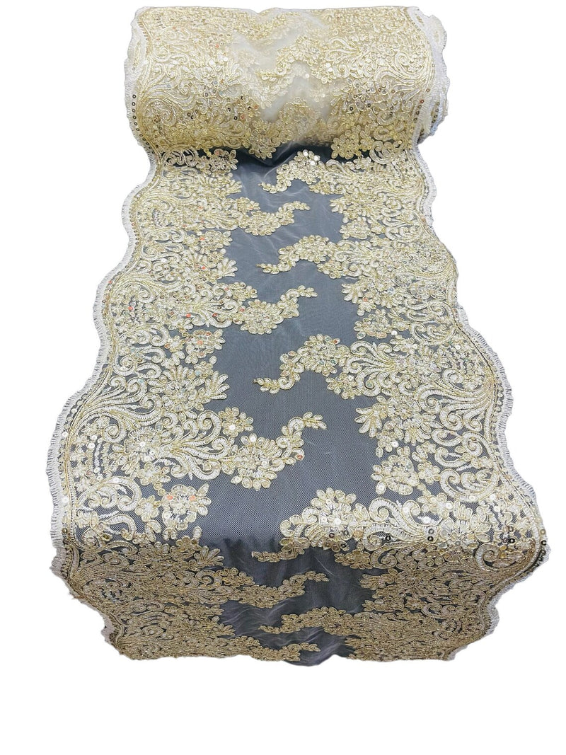 14" Metallic Floral Design Lace Table Runner - Gold / Ivory - Event Table Decor Runner Sold By Yard