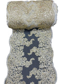 14" Metallic Floral Design Lace Table Runner - Gold / Ivory - Event Table Decor Runner Sold By Yard