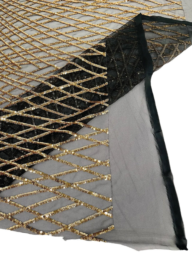 2 Way Stretch Diamond Fabric - Gold on Black- Geometric Diamond Design on Mesh By The Yard