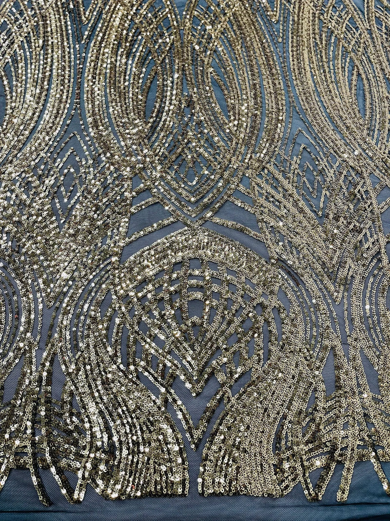 Long Wavy Pattern Sequins - Gold on Black - 4 Way Stretch Sequins Fabric Line Design By Yard