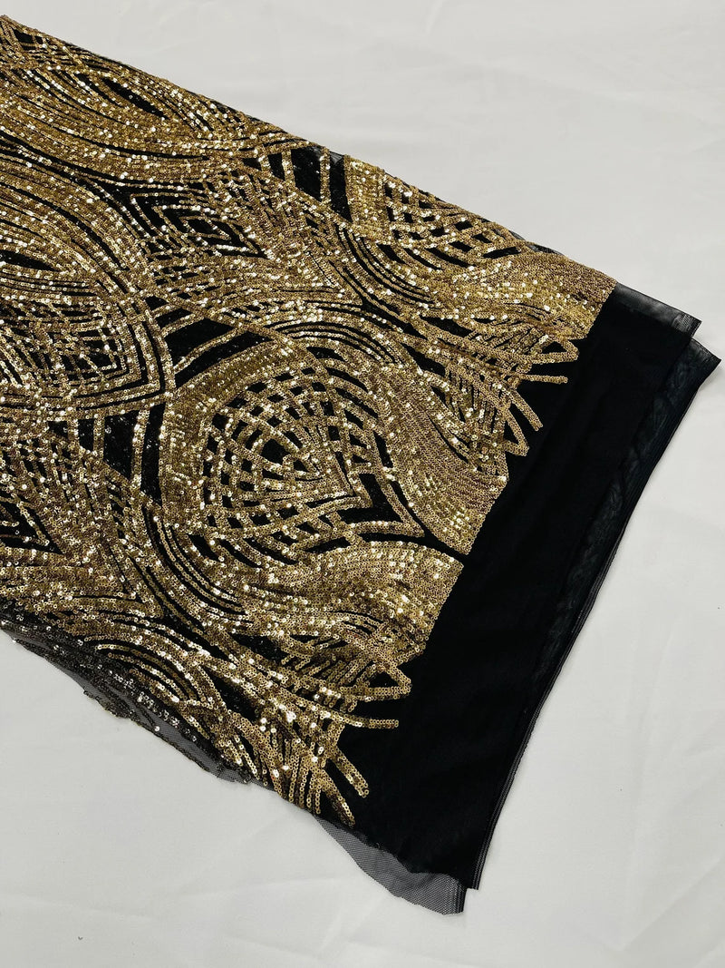 Long Wavy Pattern Sequins - Gold on Black - 4 Way Stretch Sequins Fabric Line Design By Yard