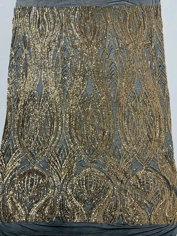 Long Wavy Pattern Sequins - Gold on Black - 4 Way Stretch Sequins Fabric Line Design By Yard