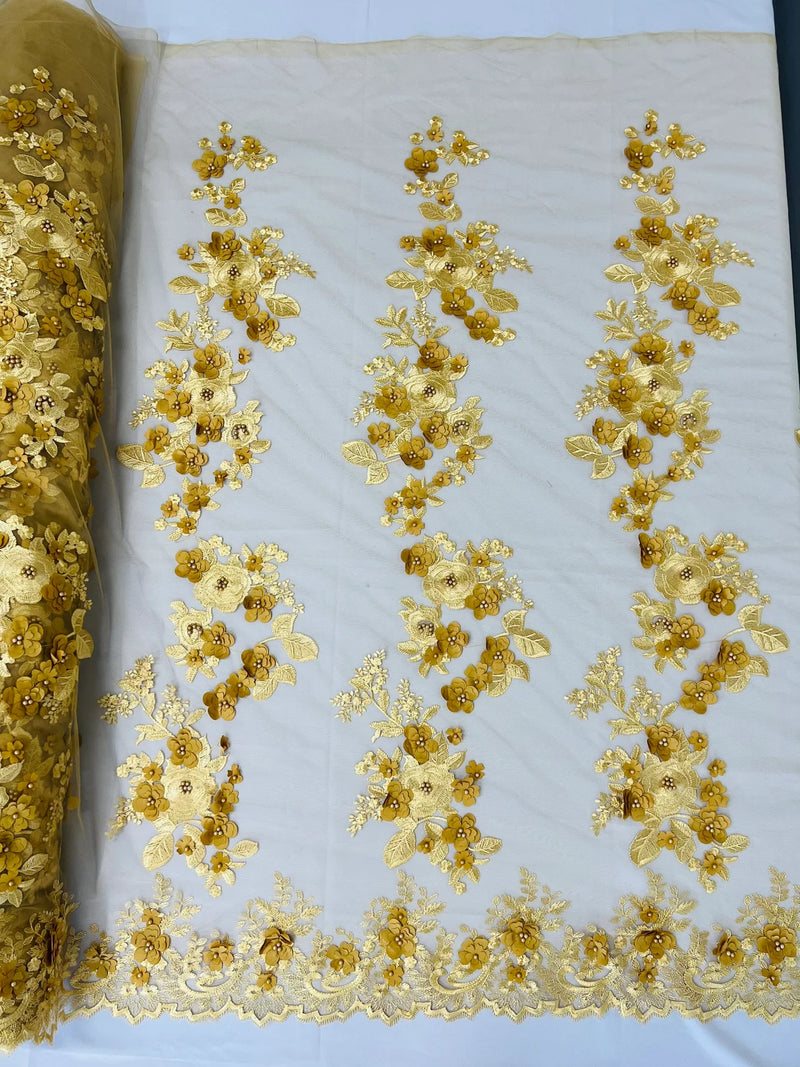Floral 3D Rose Fabric - Gold - Embroided Rose Flower Design Fabric Sold by Yard