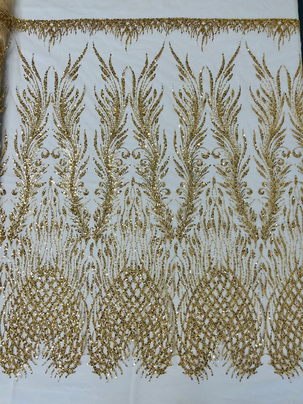 Heart & Feather Pattern Fabric - Gold - Embroidered Elegant Design with Beads Mesh Fabric Sold By Yard