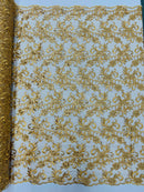 Small Flower Fabric - Gold - Floral Plant Embroidered Design on Lace Mesh By Yard