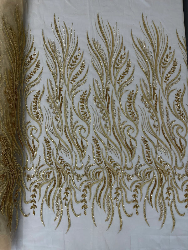 Sea Plant Design Fabric - Gold - Beaded Embroidered Sea Plant Design Fabric by Yard