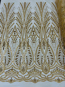 Beaded Pattern Fabric - Gold - Embroidered Fancy Beads Pattern On Mesh Fabric Sold By Yard