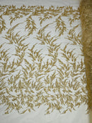 Leaf Plant Cluster Design Fabric - Gold - Beaded Embroidered Leaves Design on Lace Mesh By Yard