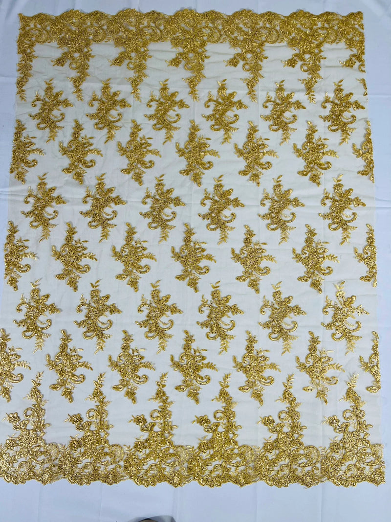 Lace Flower Cluster Fabric - Gold - Embroidered Flower With Sequins on a Mesh Lace Fabric By Yard