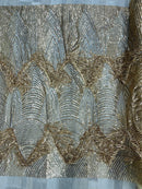 Fringe Sequins Fabric - Gold - 2 Way Stretch Glamorous Fringe Design on Mesh By Yard