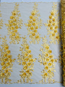 3D Rhinestone Rose Fabric - Gold - Embroidered 3D Roses Design on Mesh Fabric Sold by Yard