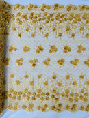 3D Floral Pearl Fabric - Gold - 3D Triangle Flower Design on Mesh By Yard