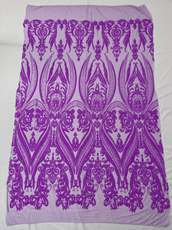 Big Damask Sequins Fabric - Grape - 4 Way Stretch Damask Sequins Design Fabric By Yard