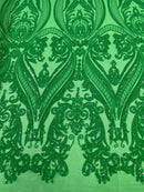 Big Damask Sequins Fabric - Green on Green - 4 Way Stretch Damask Sequins Design Fabric By Yard