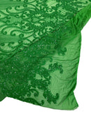 Damask Line Pattern - Green - 4 Way Stretch Damask Sequins Line Fabric Sold By Yard