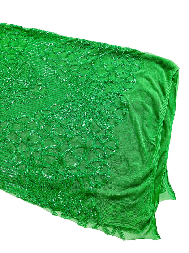 Elegant Floral Leaf Design - Green - 4 Way Stretch Sequins Lace Spandex Fabric By Yard