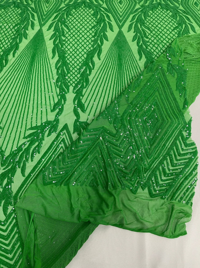 Triangle Sequin Fabric - Green - Geometric Designs Spandex Mesh By Yard