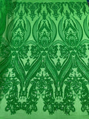Big Damask Sequins Fabric - Green on Green - 4 Way Stretch Damask Sequins Design Fabric By Yard