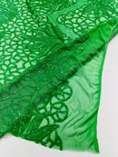 Elegant Floral Leaf Design - Green - 4 Way Stretch Sequins Lace Spandex Fabric By Yard