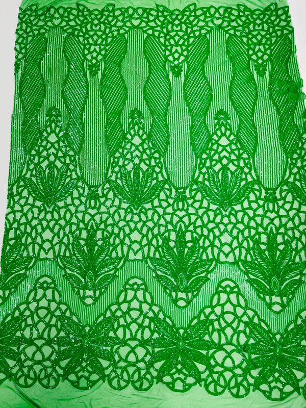 Elegant Floral Leaf Design - Green - 4 Way Stretch Sequins Lace Spandex Fabric By Yard