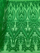Big Damask Sequins Fabric - Green on Green - 4 Way Stretch Damask Sequins Design Fabric By Yard