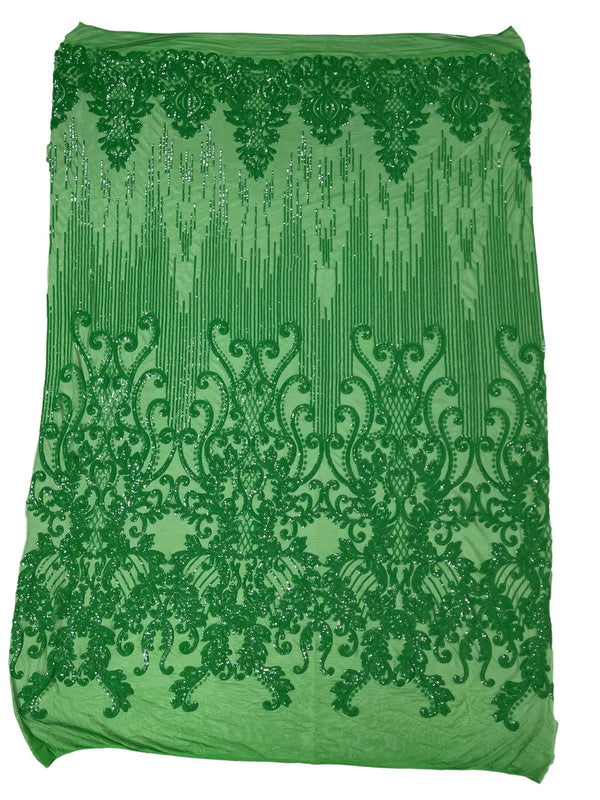 Damask Line Pattern - Green - 4 Way Stretch Damask Sequins Line Fabric Sold By Yard