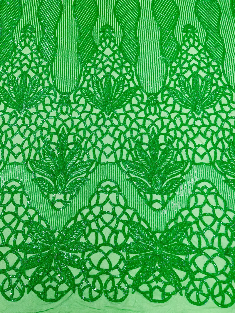 Elegant Floral Leaf Design - Green - 4 Way Stretch Sequins Lace Spandex Fabric By Yard