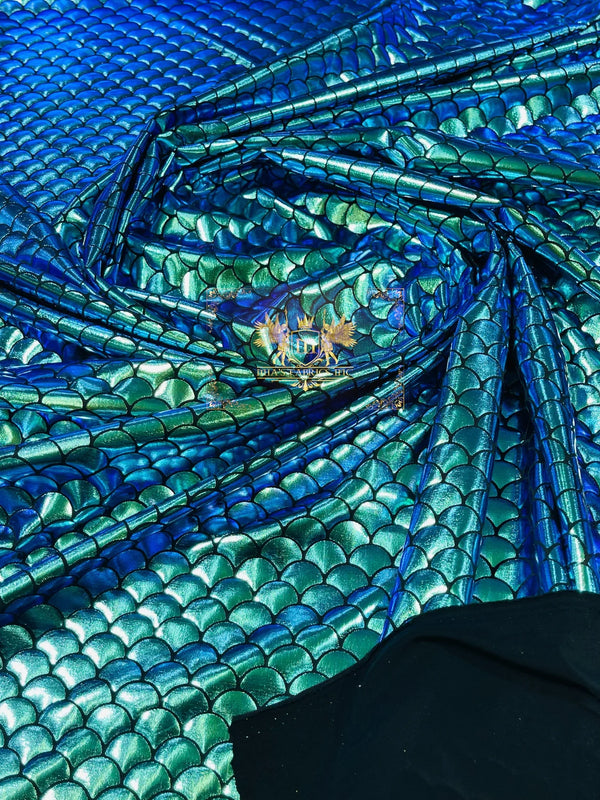 Mermaid Foil Fabric - Iridescent Blue / Green - Mermaid Print Design on Spandex Fabric